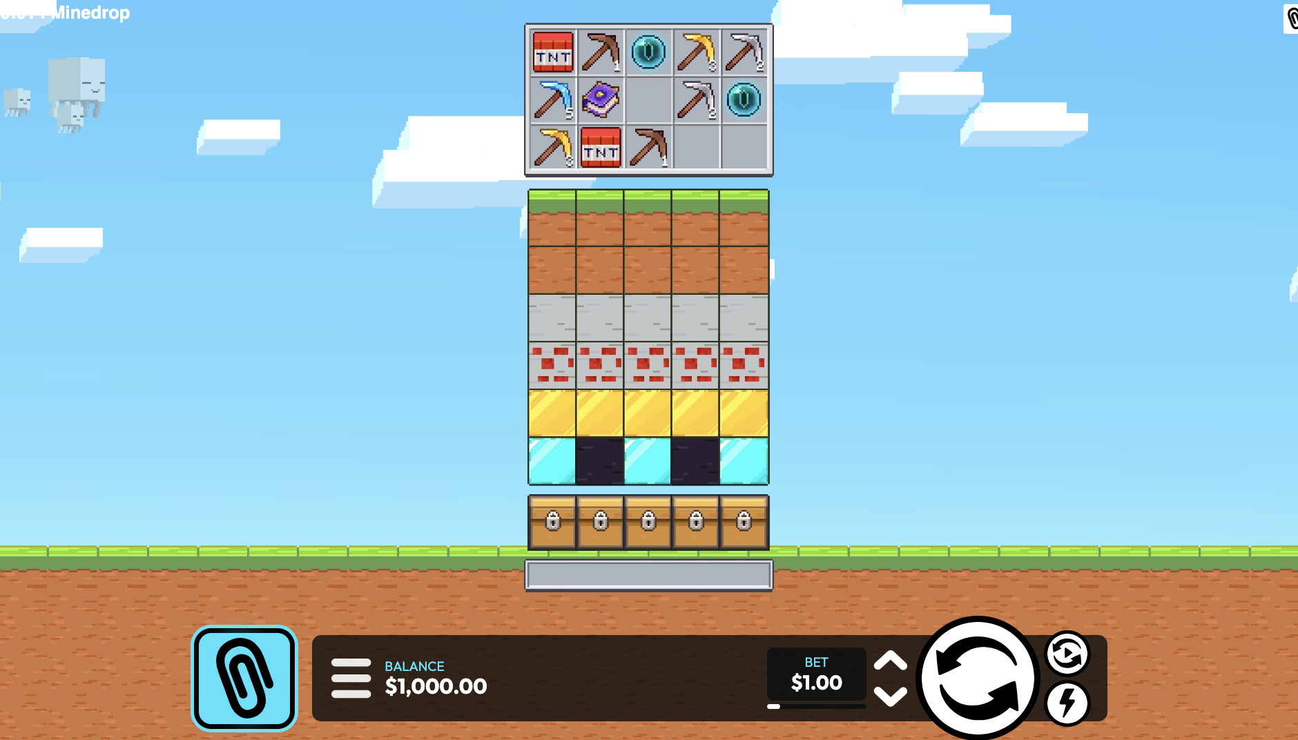 Minesdrop slot game interface showing 5x3 reel grid and 5x6 block grid with block-breaking mechanics